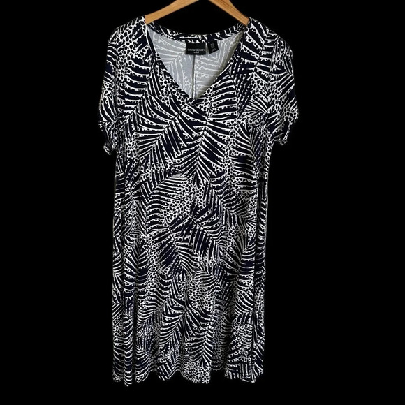 Cynthia Rowley Plus 1X Blue Palm Tree Print Short Sleeve Dress Modal Knit V Neck - Picture 1 of 4